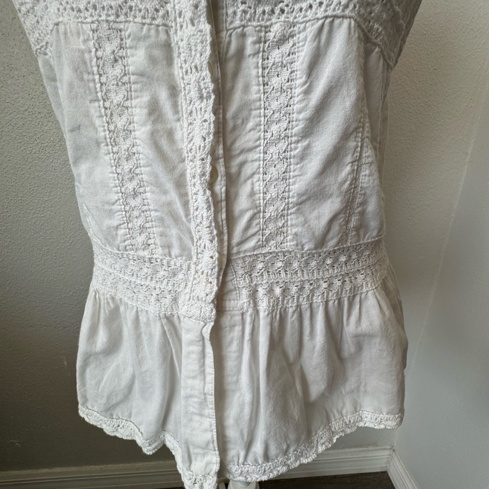 Faded Glory White Babydoll Top Cotton Lace Blouse Boho Sleeveless SZ M - Picture 7 of 13